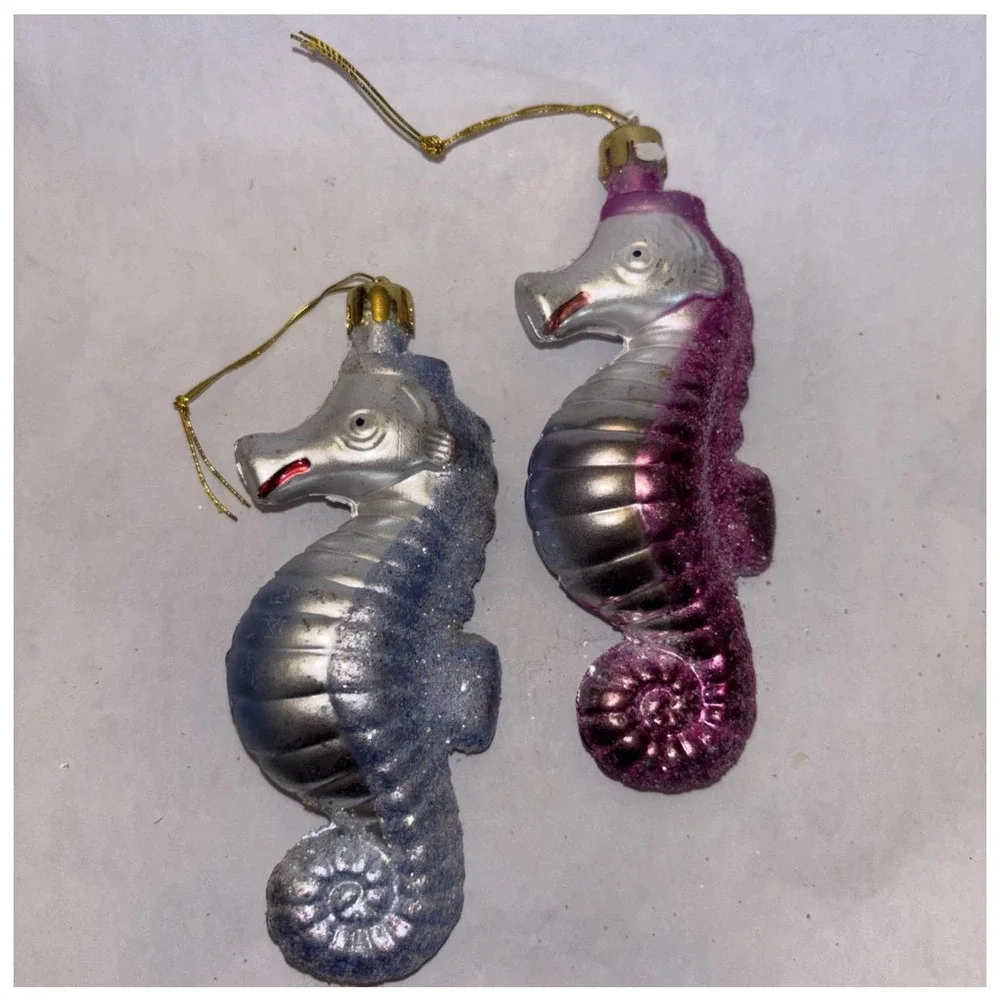 2 Seahorse Purple & Blue Plastic Christmas Tree Ornaments Vintage Blow Mold 4.5